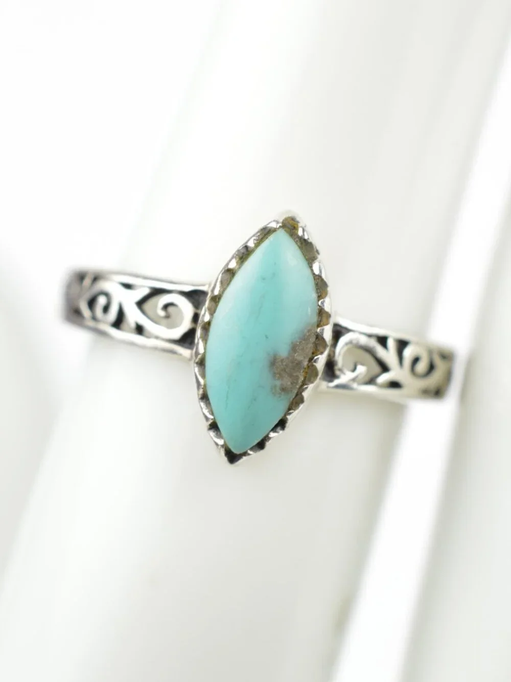 925 Sterling Silver Turquoise Ring Size 4.75 Marquise Boho Filigree Band 2g